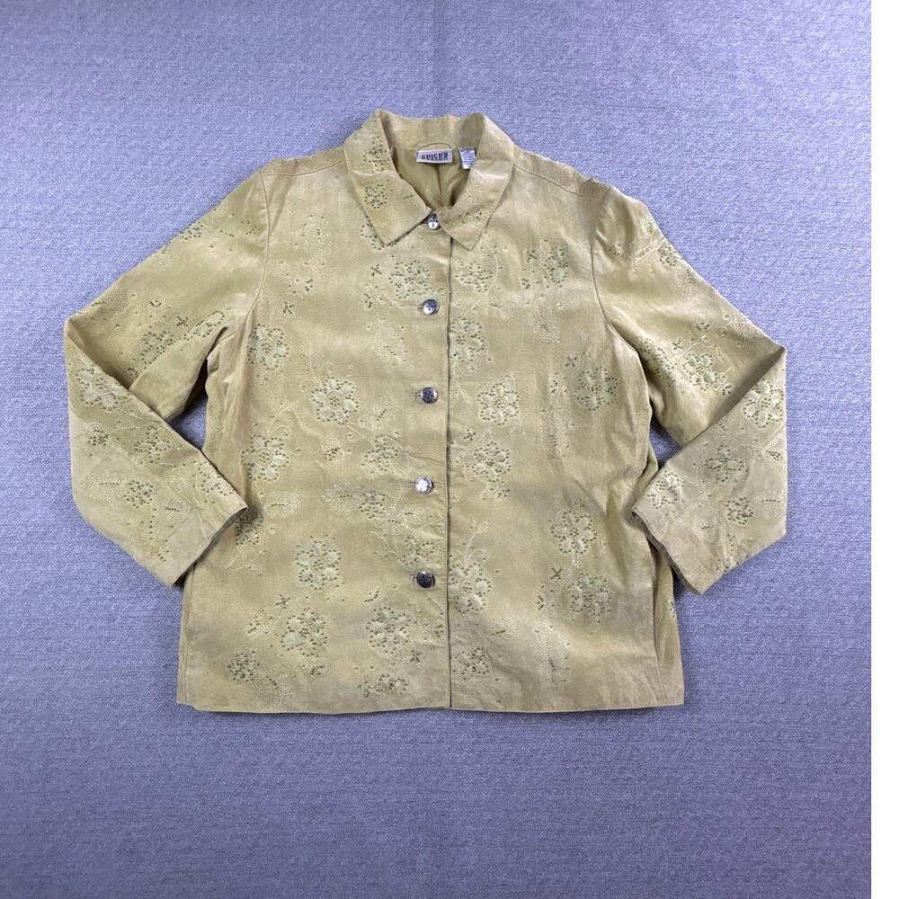 Vintage Chicos Leather Embroidered Beaded Green Floral Design Jacket Coat